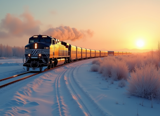 Long train transsiberien serpentant dans la steppe au lever du soleil
