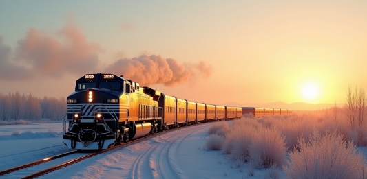Transsibérien : où s’arrête la légendaire ligne ferroviaire ? Long train transsiberien serpentant dans la steppe au lever du soleil