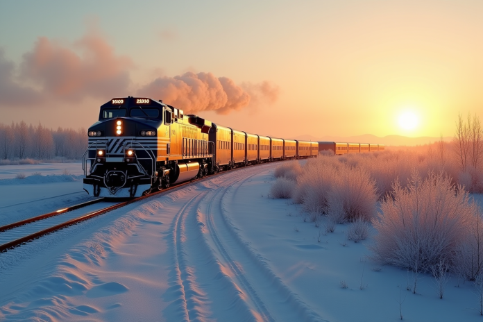 Long train transsiberien serpentant dans la steppe au lever du soleil
