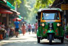 Tuk tuk coloré stationné dans une rue animée de Bangkok