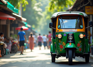 Tuk tuk coloré stationné dans une rue animée de Bangkok