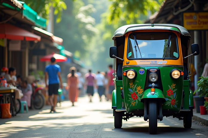 Tuk tuk coloré stationné dans une rue animée de Bangkok