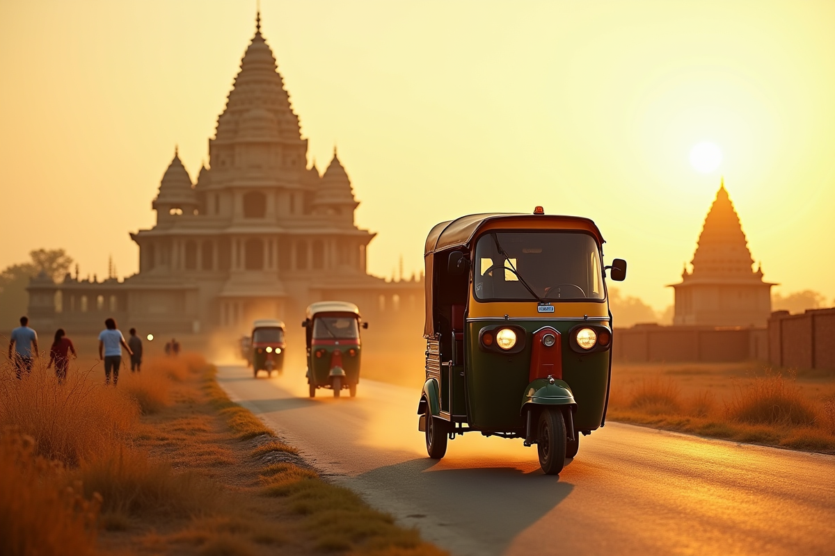 Tuk tuk vintage passant devant des temples en Inde