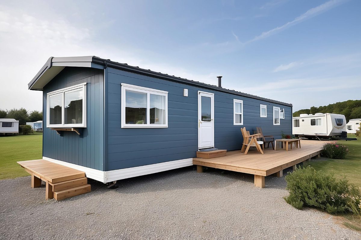 une maison mobile de couleur bleue avec des menuiseries blanches installée sur un terrain de camping