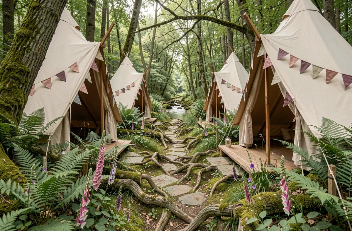 La Vallée Féerique, tentes glamping décorées dans un vallon boisé féerique en Normandie