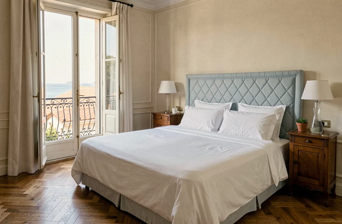 Chambre élégante de la Villa Topi à Antibes avec vue sur les toits et la mer