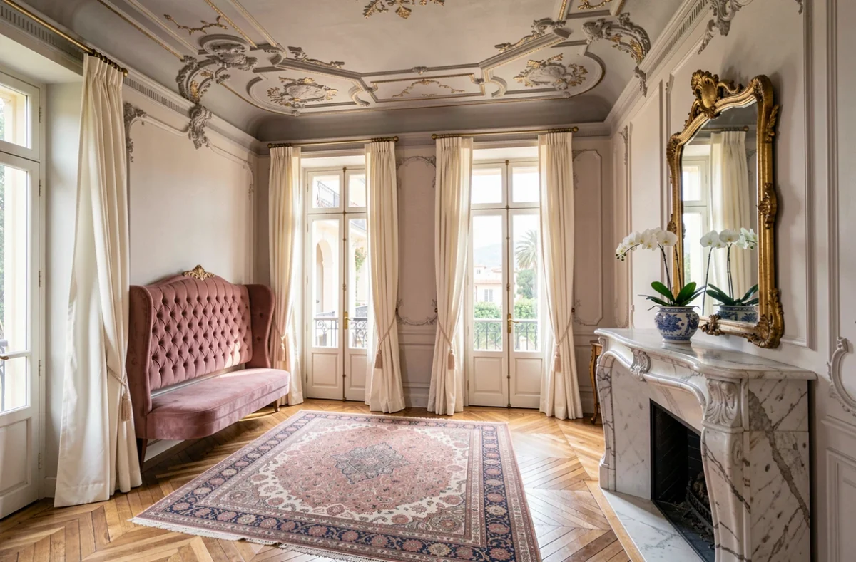 Chambre Belle Époque raffinée de la Villa Victoria à Nice avec moulures et parquet