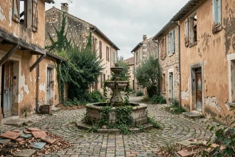 Village fantôme abandonné en Provence avec fontaine envahie par le lierre et maisons en ruines