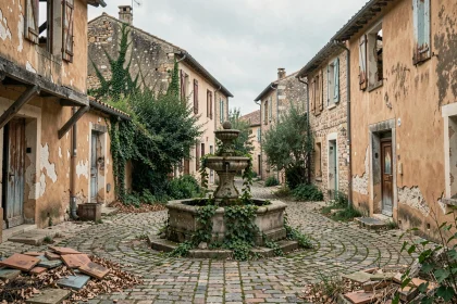 Village fantôme abandonné en Provence avec fontaine envahie par le lierre et maisons en ruines
