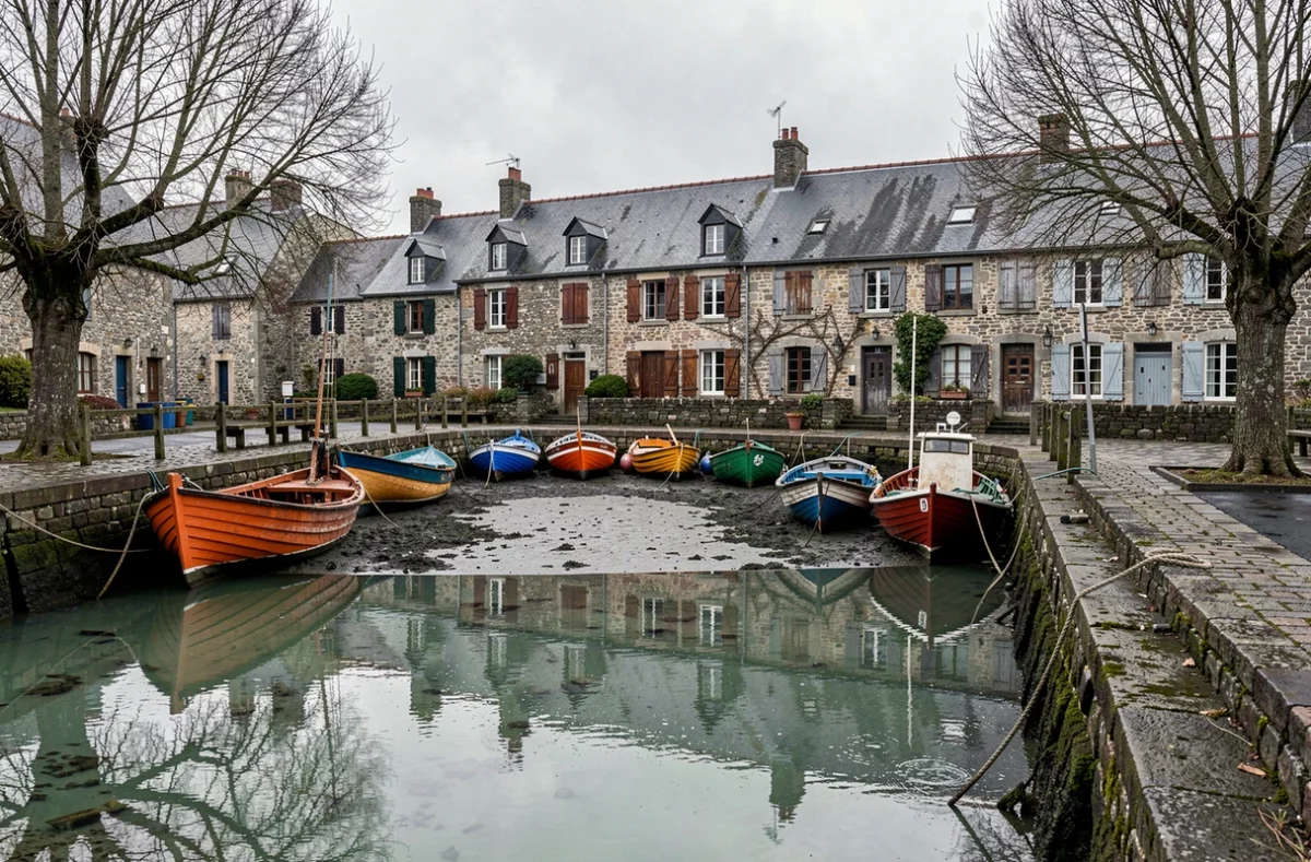 Village de pêcheurs breton en hiver avec bateaux colorés au port à marée basse dans le Finistère