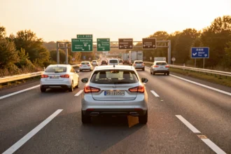 Voiture sur une autoroute française au coucher du soleil