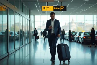Homme d'affaires en costume marine quittant l'aéroport de Madrid avec une valise cabine et consultant son téléphone