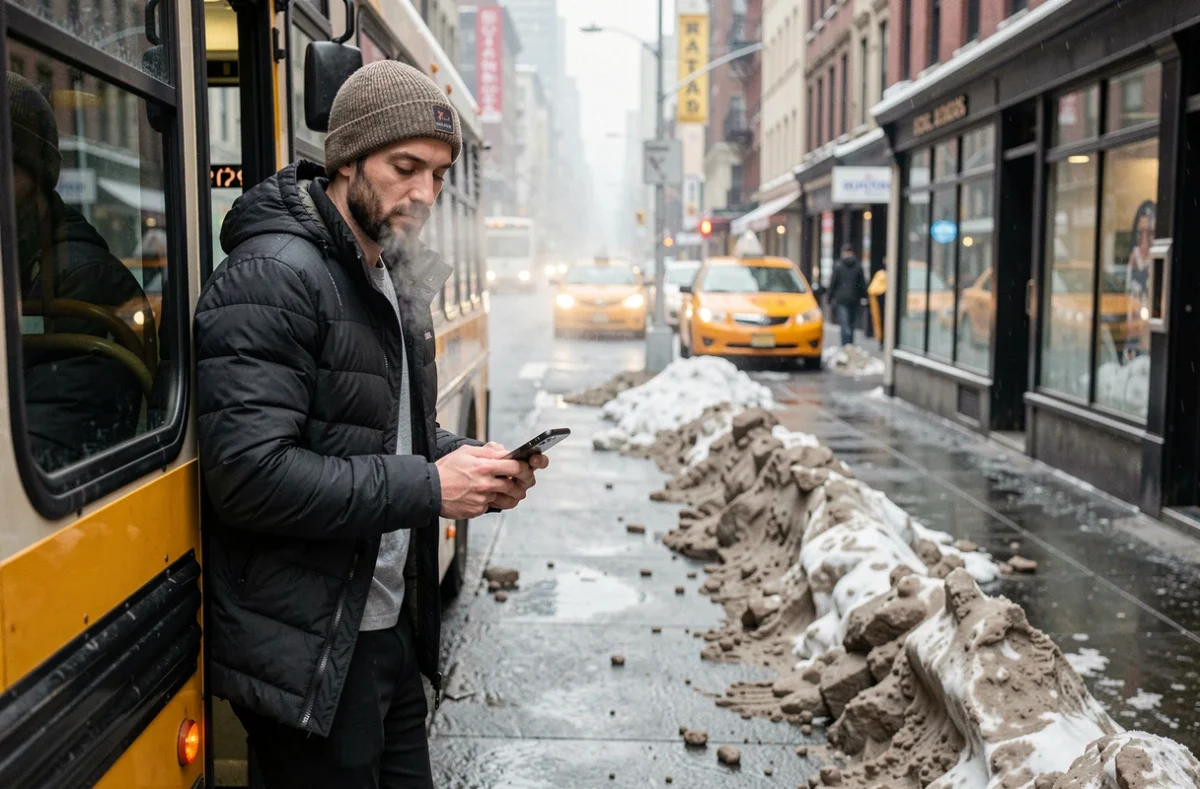 Voyageur descendant d'un bus dans une rue enneigée de New York en hiver après un trajet depuis Boston