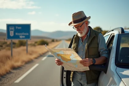 Homme voyageur lisant une carte routière en Espagne