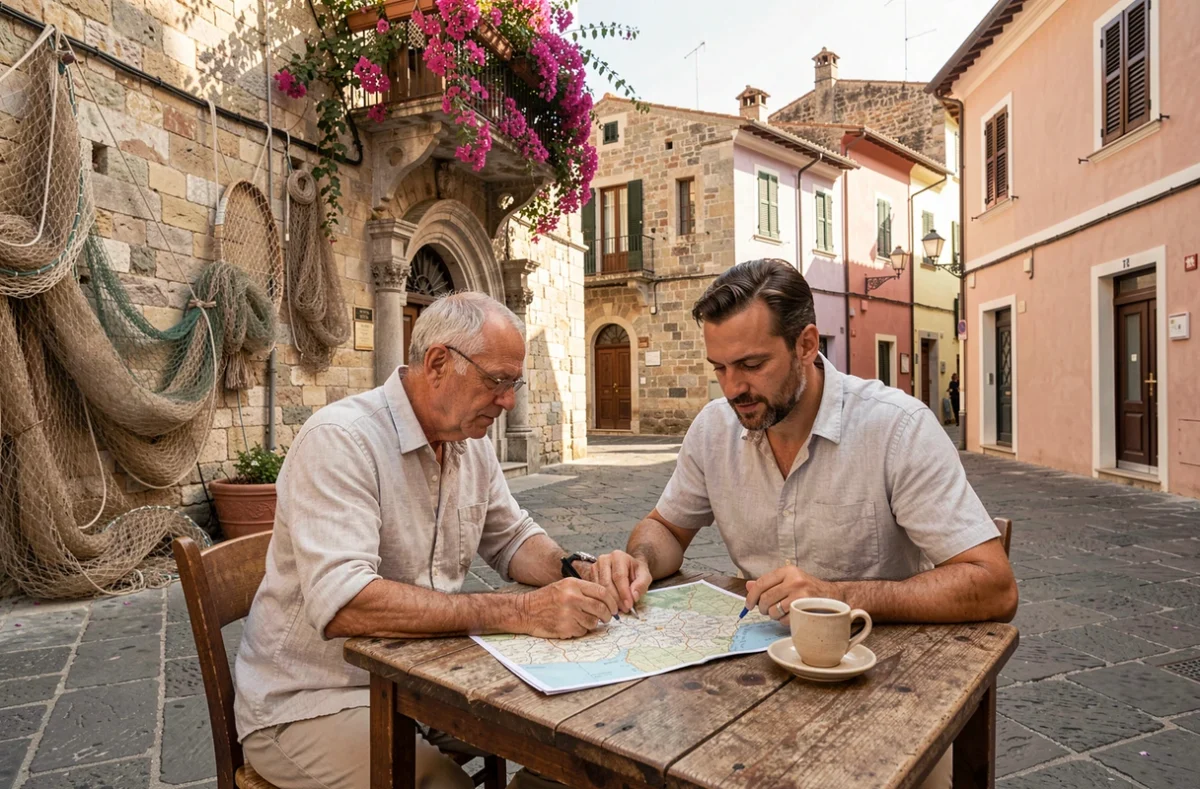 Voyageur consultant une carte papier en terrasse dans la piazza de Tellaro en Italie