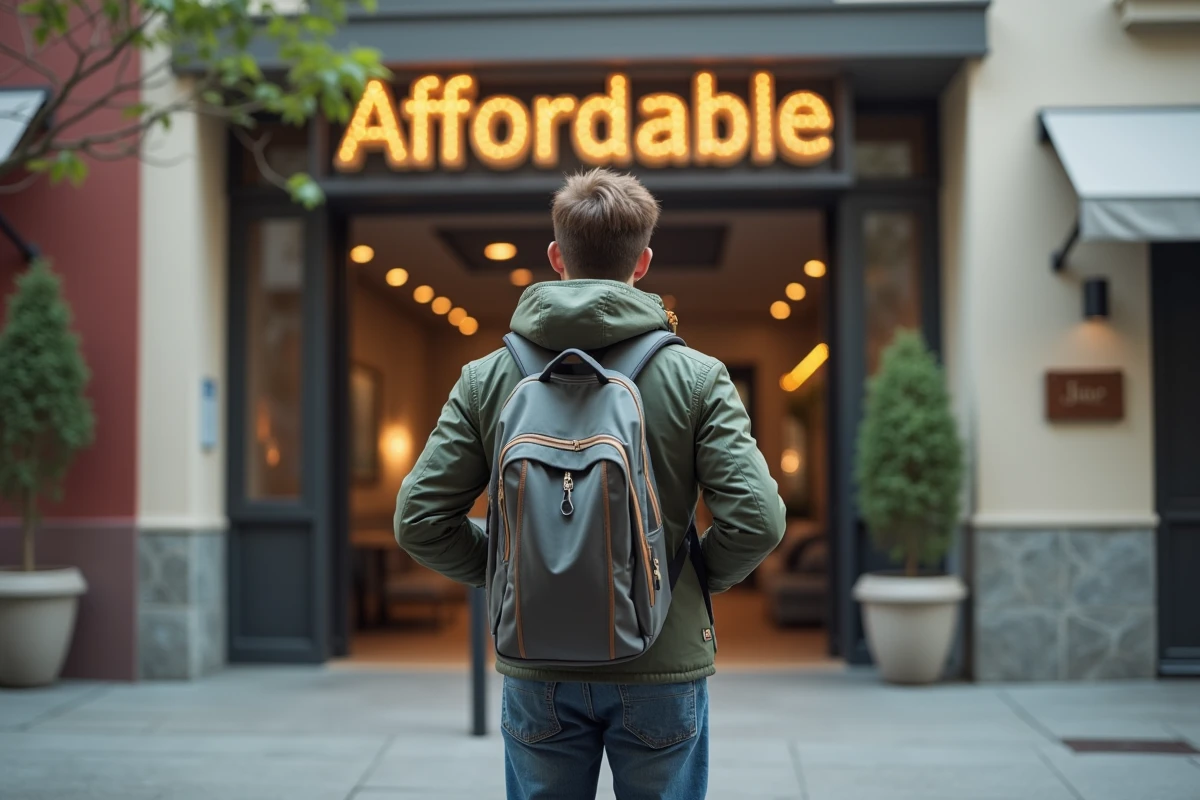 Jeune voyageur comparant deux hôtels dans la rue