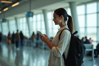 Voyageuse à l'aéroport de Lyon consultant son billet pour un vol vers la République Dominicaine