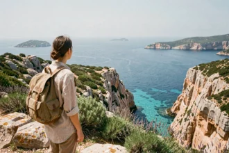 Voyageuse solitaire contemplant une crique sauvage depuis une falaise rocheuse du Cap Corse hors des sentiers battus