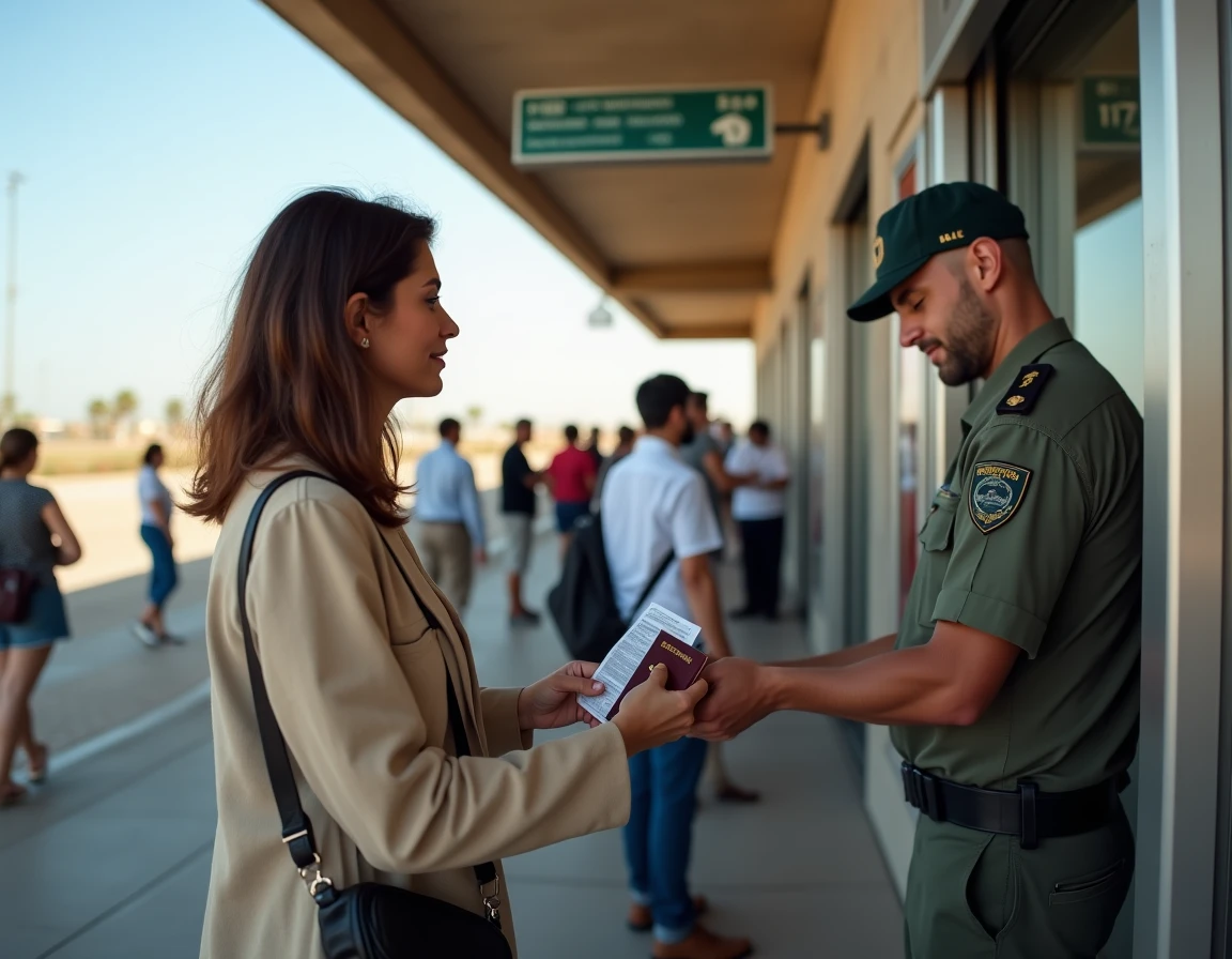 Voyageuse européenne remettant son passeport à un agent au poste frontière terrestre du Maroc