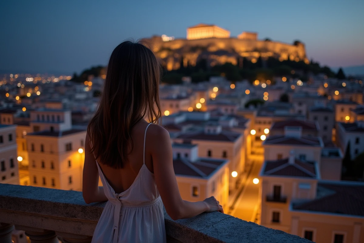 Vue panoramique depuis un rooftop de Plaka la nuit avec une femme admirant l'Acropole illuminée d'Athènes