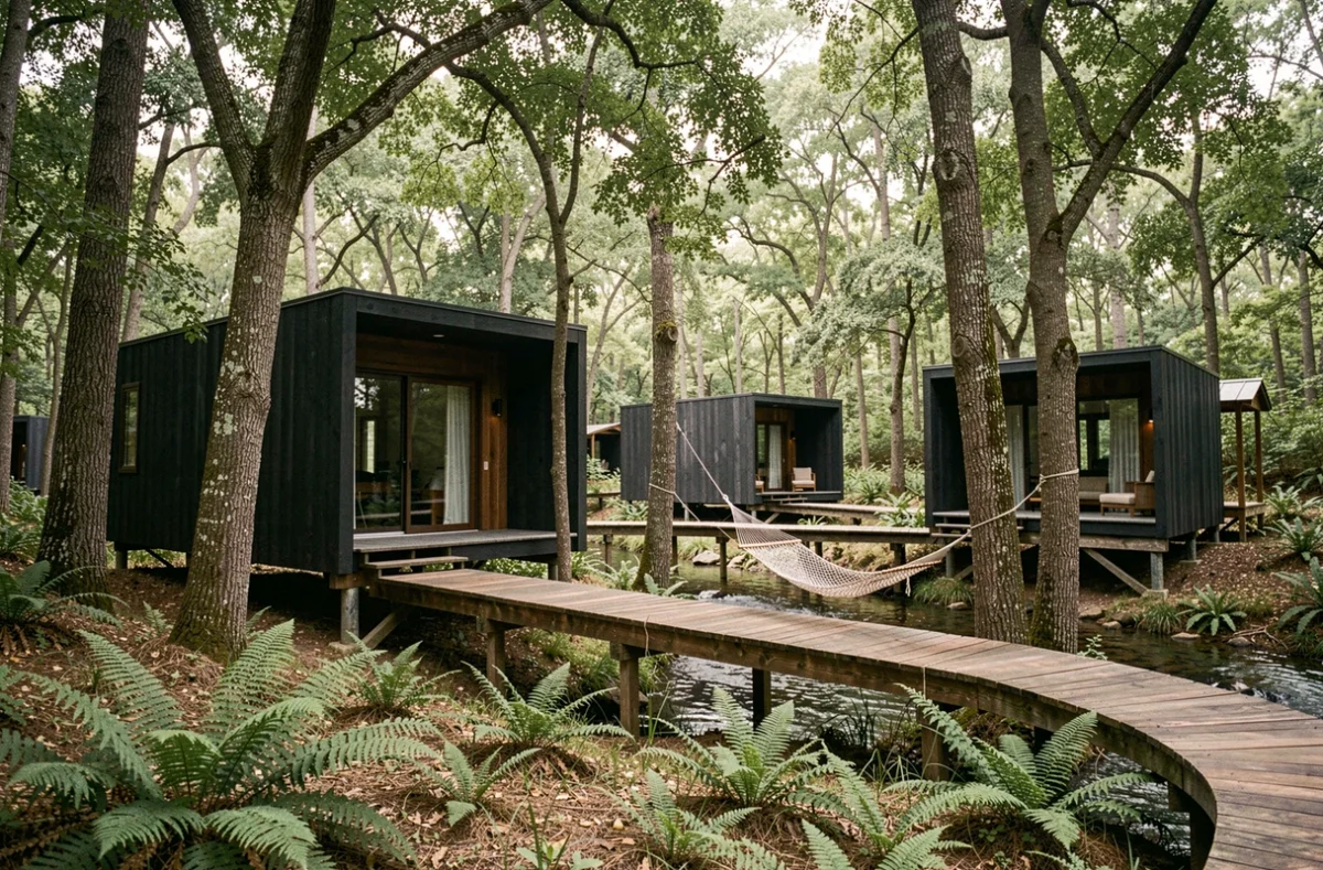 Woody Park, chalets en bois modernes sur pilotis reliés par des passerelles en forêt normande